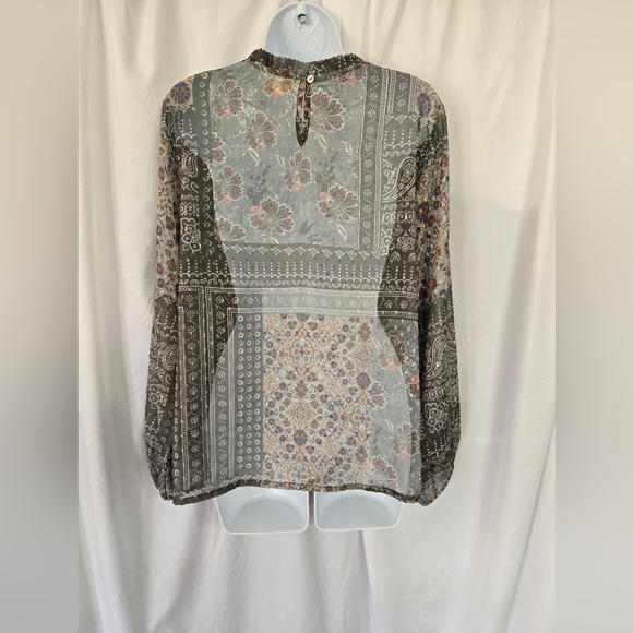 Cost Plus World Market Green/Cream Sheer Blouse/Top - Picture 2 of 7